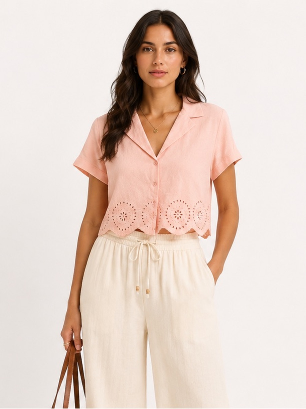 Haute Monde Pink Eyelet Cropped Button-Up Top NWT
